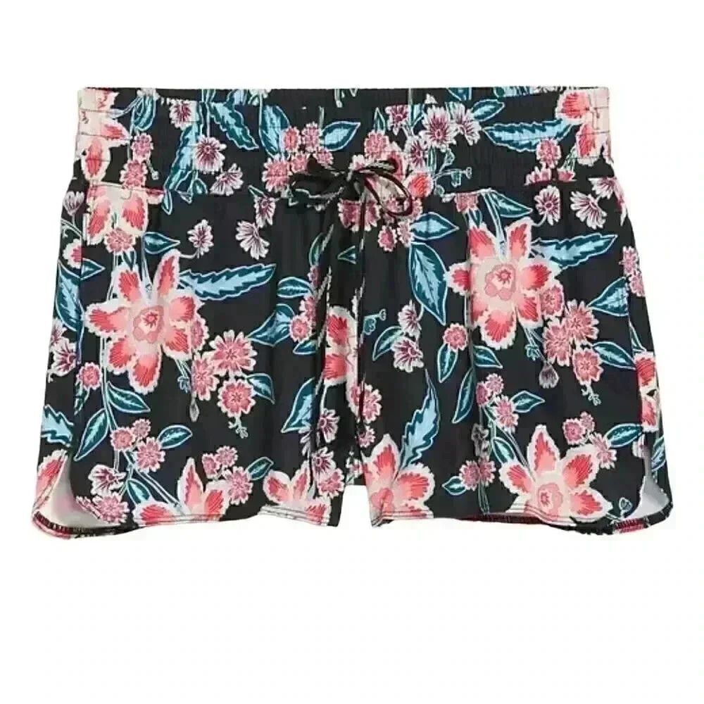 Old Navy Women's Black, White & Hot Pink Poly/Spandex Floral Mid-Rise Board Shor